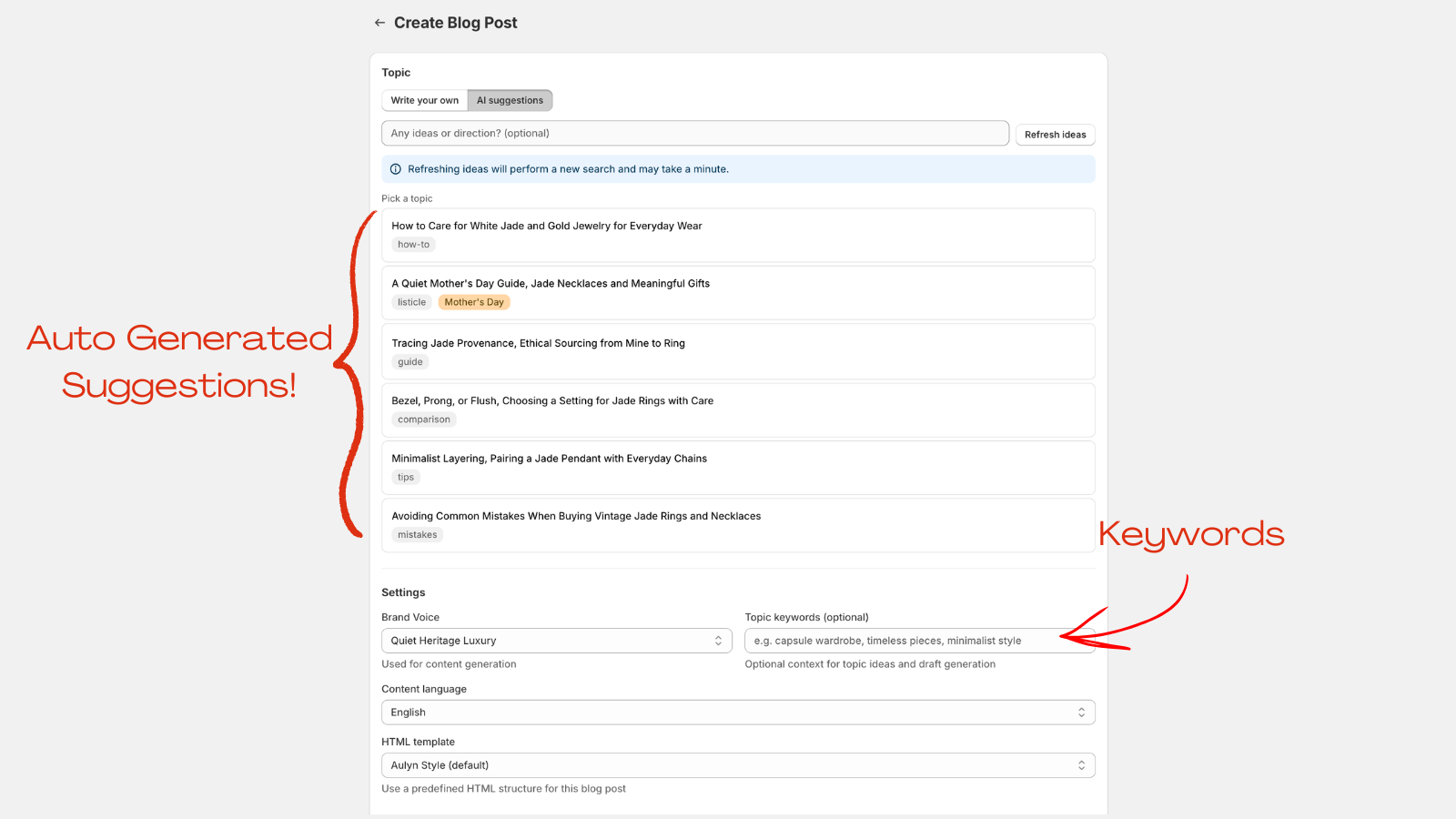 AI topic suggestions with format and seasonality badges, one topic selected