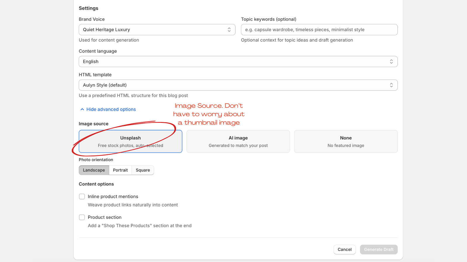 Post settings section with voice profile, keywords, and language dropdowns