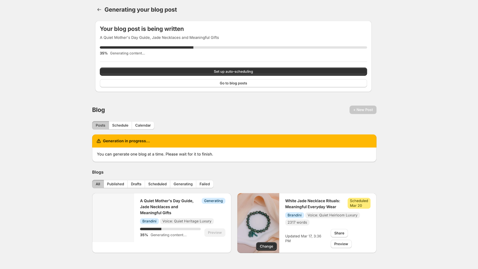 Generation progress bar showing content being created