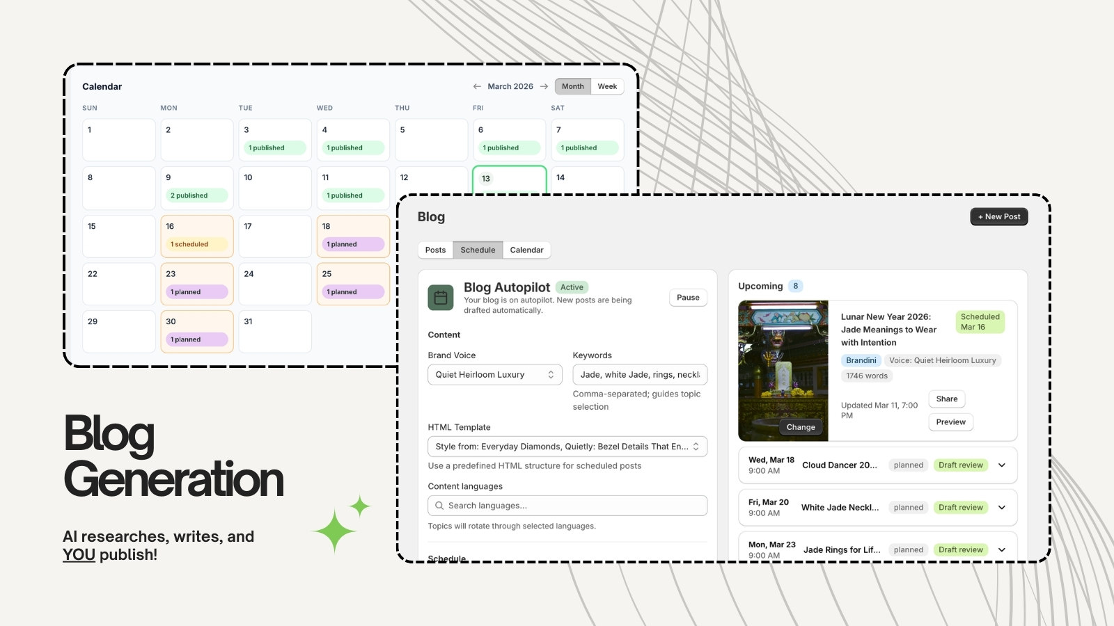 Génération d’articles de blog par IA avec calendrier de contenu, planification et file d’attente des prochains articles pour Shopify