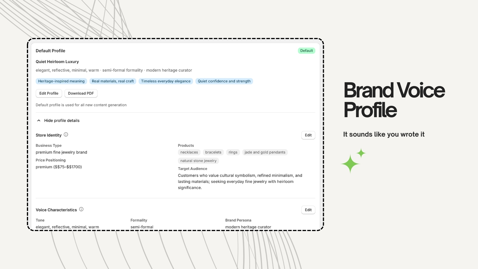 Profil d’extraction de voix de marque affichant l’identité de la boutique, les caractéristiques vocales et les paramètres de ton
