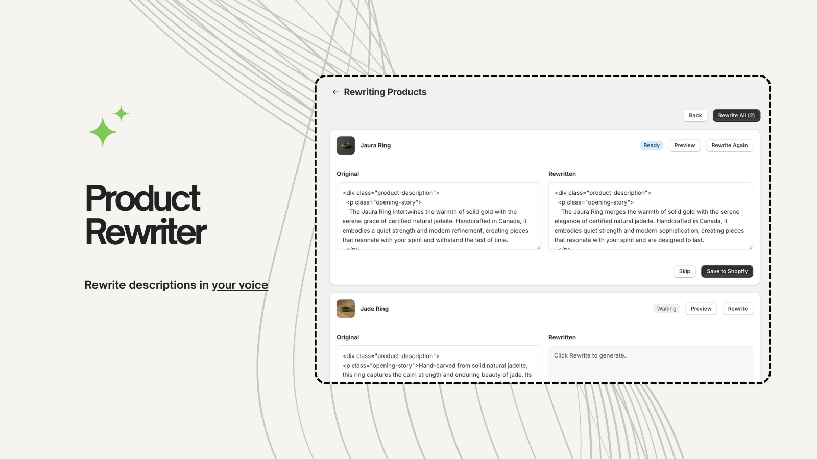 Réécriture de fiches produits Shopify montrant les descriptions originales et réécrites par IA côte à côte