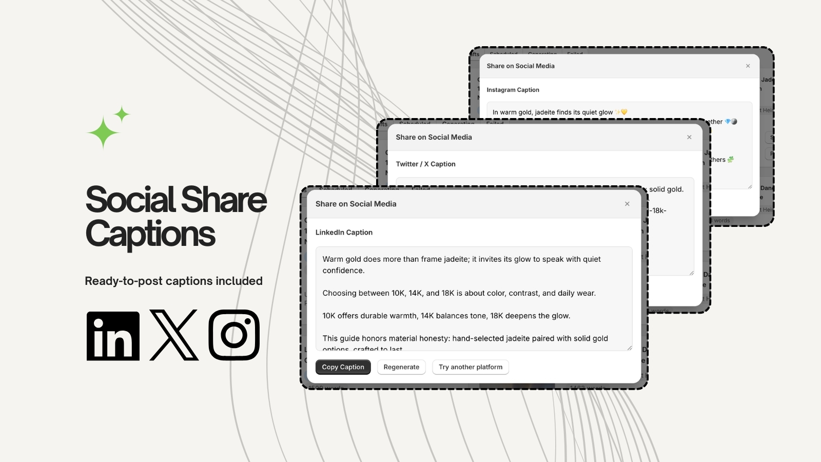 Légendes pour les réseaux sociaux Instagram, X et LinkedIn générées à partir d’articles de blog Shopify